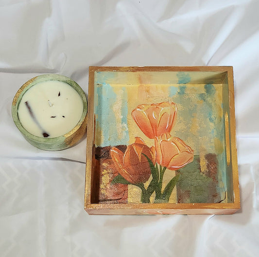 Gift Set: Wooden tray with essence lit bowl candle