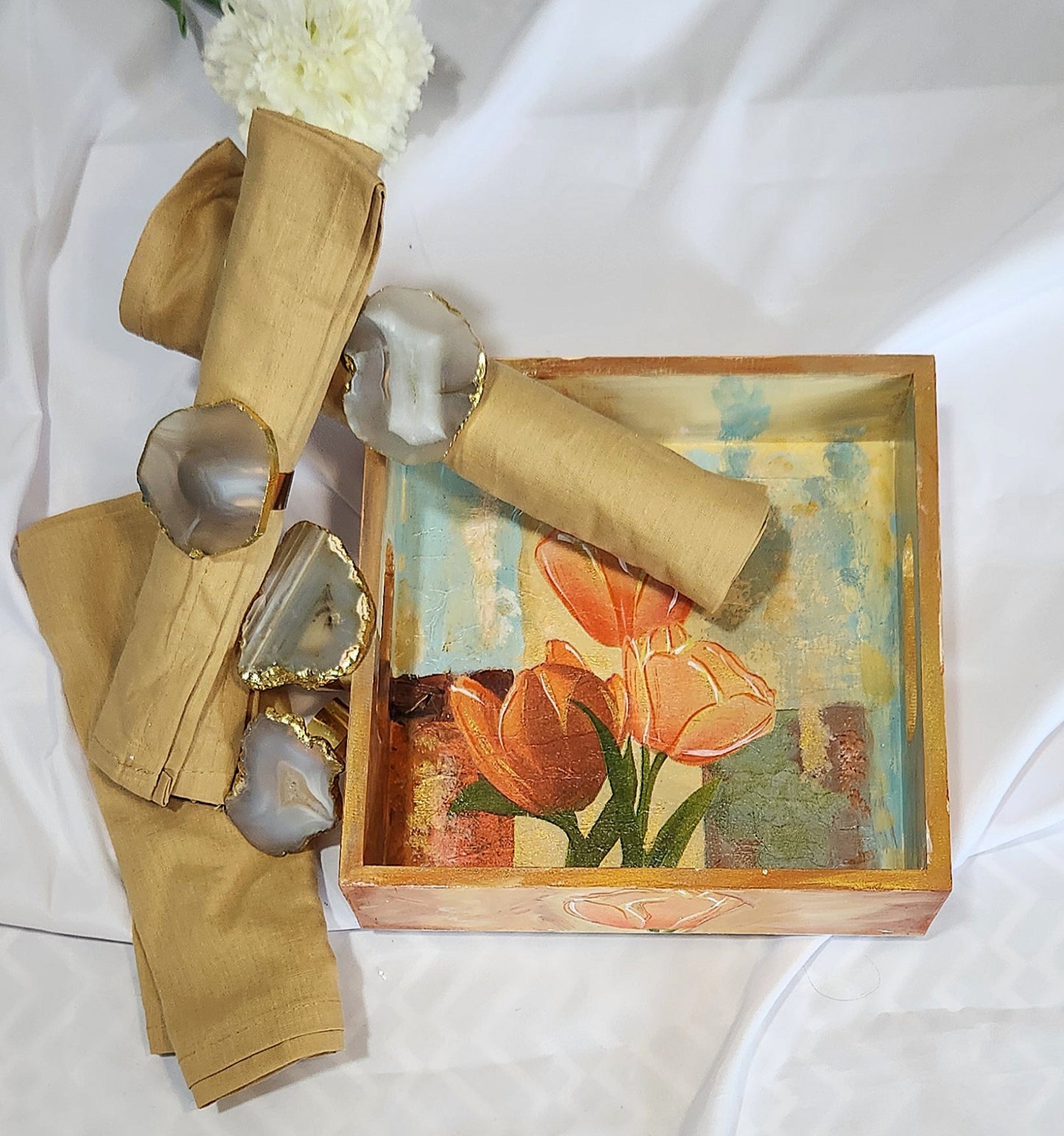 Ivory white agate raw cut napkin rings