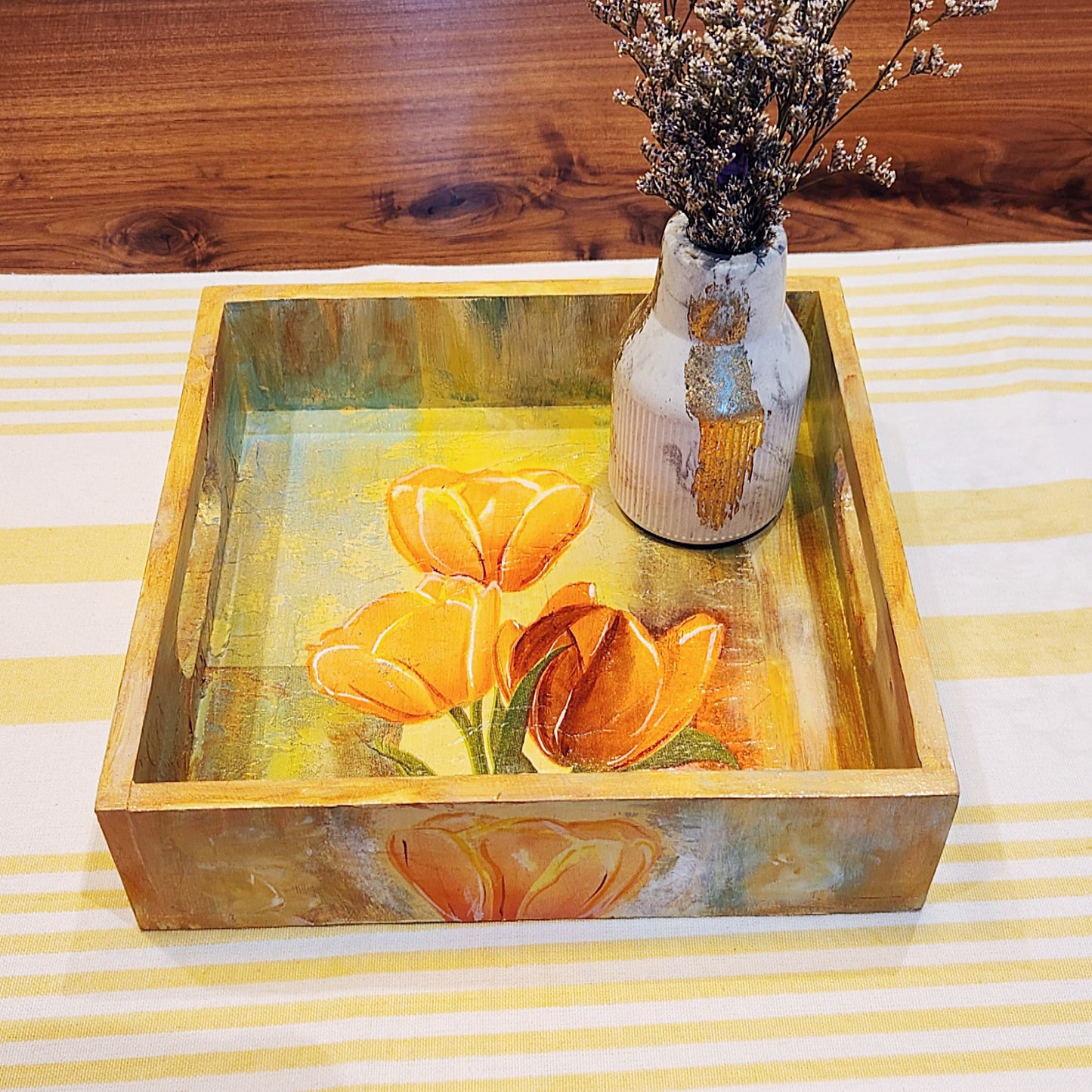 Hand painted wooden square tray